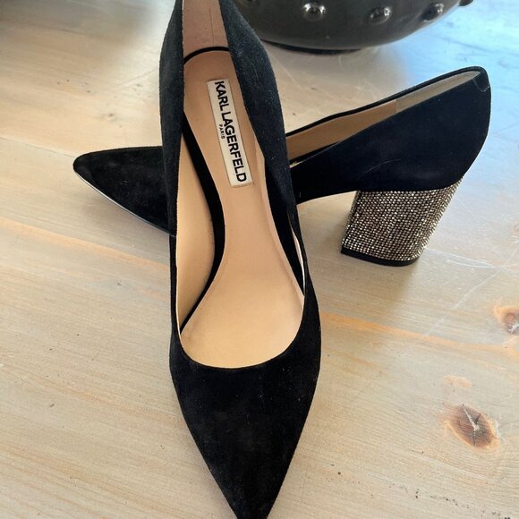 Karl Largerfeld Black Suede Rhinestone Block Heel Pumps - Picture 7 of 8
